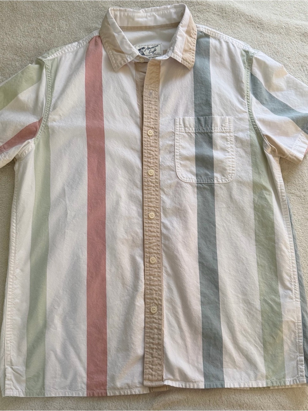 American Eagle Outfitters White Button-Down with Pastel Stripes